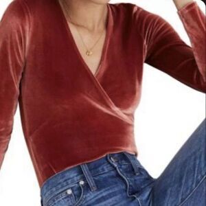 Madewell Size XS Red Orange Velvet Long Sleeve Wrap Bodysuit
